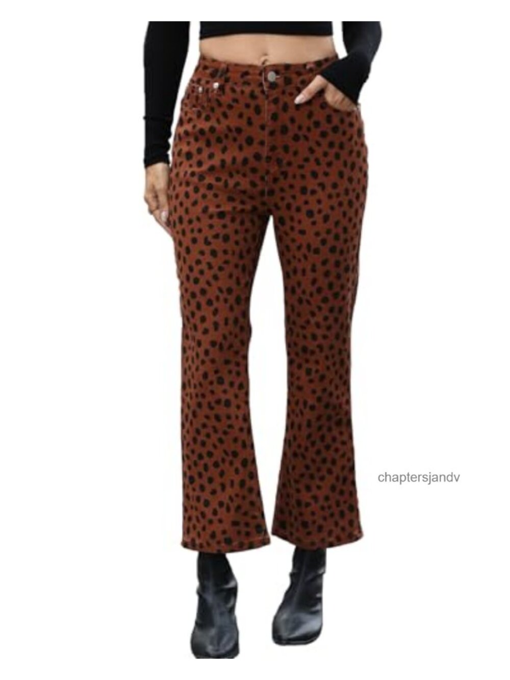 High Rise Leopard Print Bell Bottom Jeans Cropped Flare Denim Pants